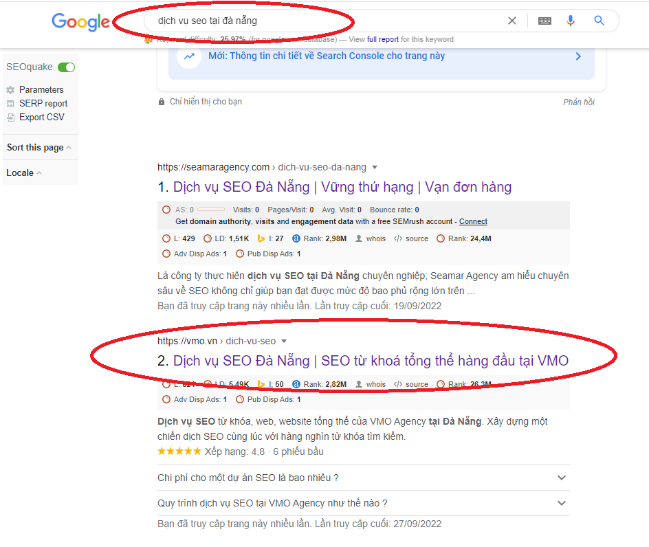 VMO Đạt thứ hạng cao với keywords dịch vụ seo tại Đà Nẵng