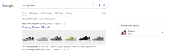 Trang web của Nike đứng đầu trên SERPs khi khách hàng tìm kiếm “giày chạy bộ”

